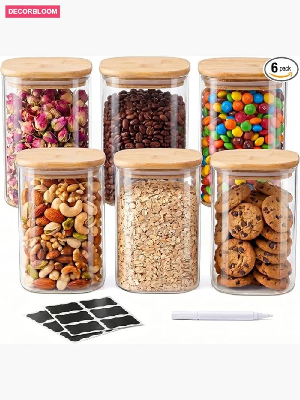 37 Oz Glass Storage Jars with Bamboo Lids – 6 Pack Airtight Square Canisters